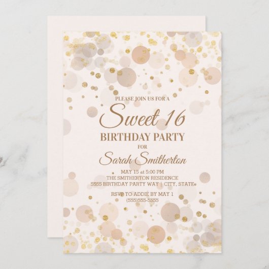 Invitation Bokeh Gold tendance sur Creamy White Sweet 16 (Devant / Derrière)
