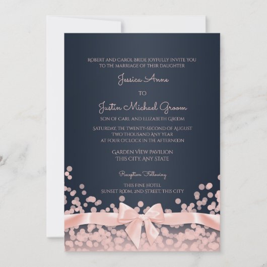 Invitation Bokeh Pink et Navy Blue Mariage (Devant)