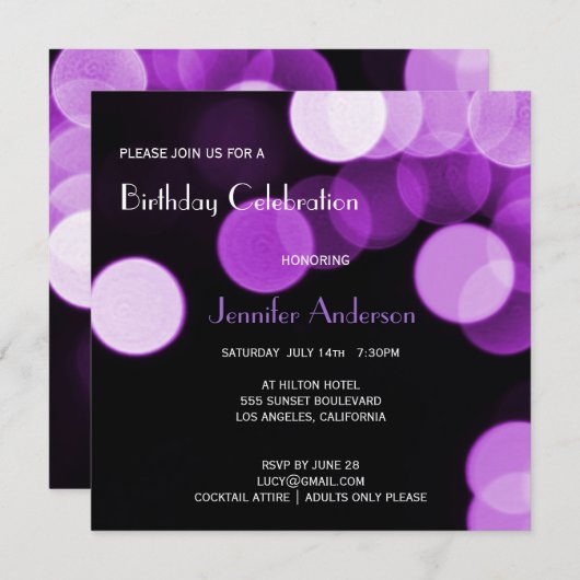 Invitation Bokeh Purple Parties scintillant et Glamour modern (Devant / Derrière)