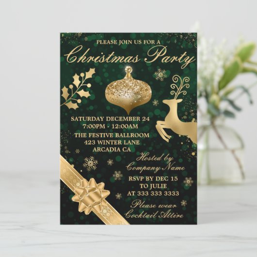 Invitation Bokeh vert & Gold Bauble & Ribbon Christmas Party (Debout devant)