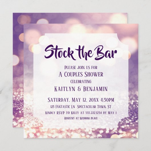 Invitation Bokeh violet et rose, Stock du Bar Couples Douche (Devant / Derrière)