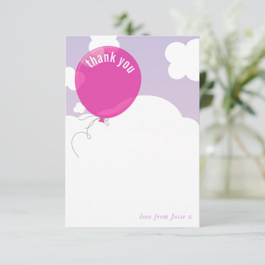 Invitation BOLD BALLOON merci note ciel violet rose (Debout devant)