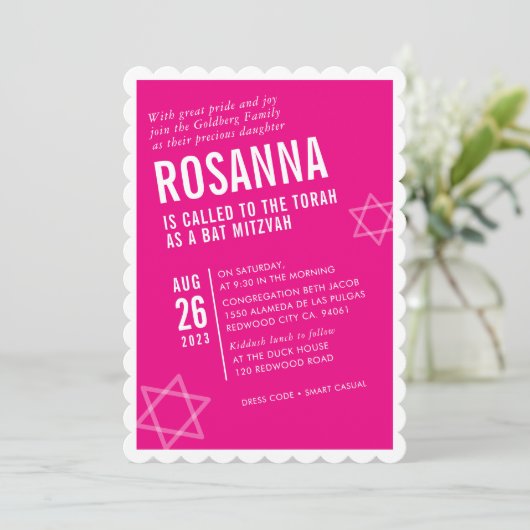 Invitation BOLD BAT MITZVAH angle moderne mignon rose chaud b (Debout devant)