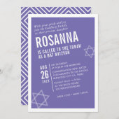Invitation BOLD BAT MITZVAH mignon angle moderne lilas blanc (Devant / Derrière)