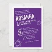 Invitation BOLD BAT MITZVAH simple angle moderne violet blanc (Devant)