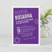 Invitation BOLD BAT MITZVAH simple angle moderne violet blanc (Debout devant)
