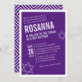 Invitation BOLD BAT MITZVAH simple angle moderne violet blanc (Devant / Derrière)