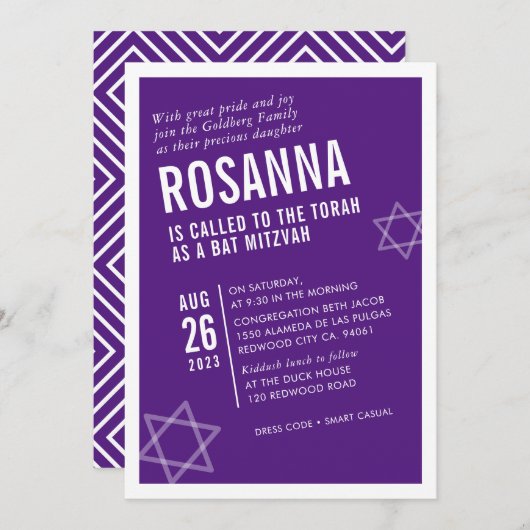Invitation BOLD BAT MITZVAH simple angle moderne violet blanc (Devant / Derrière)