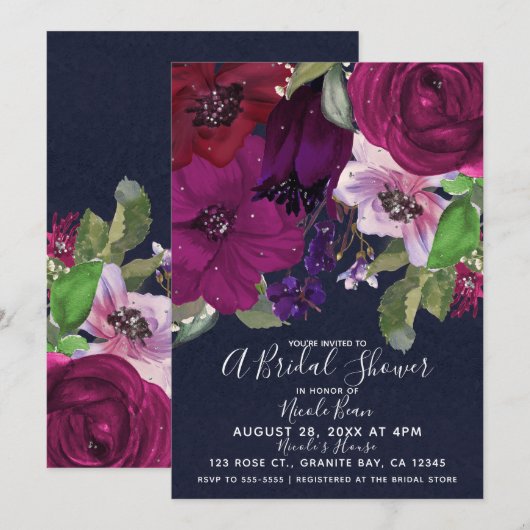 Invitation Bold Berry Fuchsia Fête des mariées de bouquet flo (Devant / Derrière)