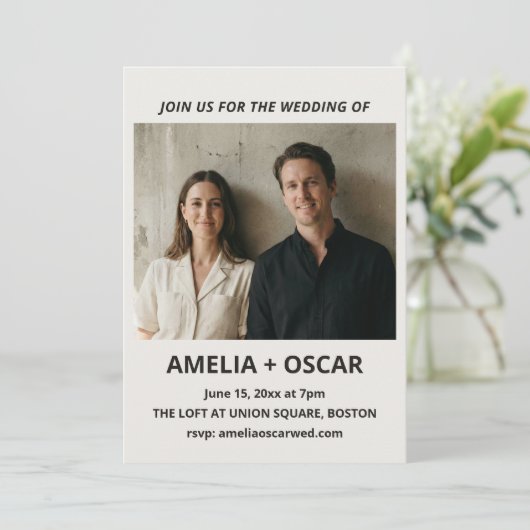 Invitation Bold Black Ivory Photo Modern Wedding Typography (Debout devant)