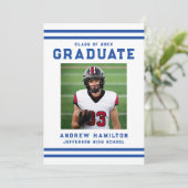 Invitation Bold Blue Stripes Athletic Photo Graduation Party (Debout devant)
