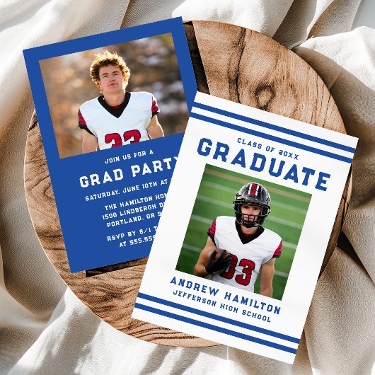 Invitation Bold Blue Stripes Athletic Photo Graduation Party