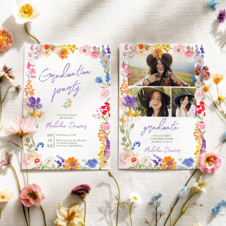 Invitation Bold Boho Bright Wildflower Photo Graduation