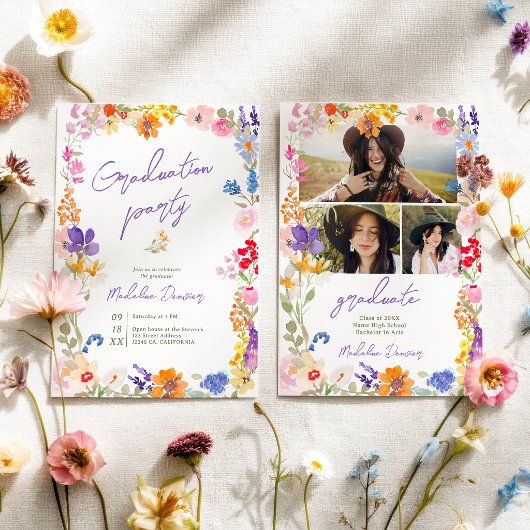 Invitation Bold Boho Bright Wildflower Photo Graduation