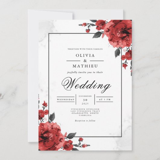 Invitation Bold Crimson Floral Mariage (Devant)