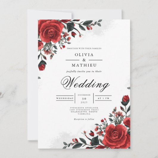Invitation Bold Crimson Rose Mariage botanique (Devant)