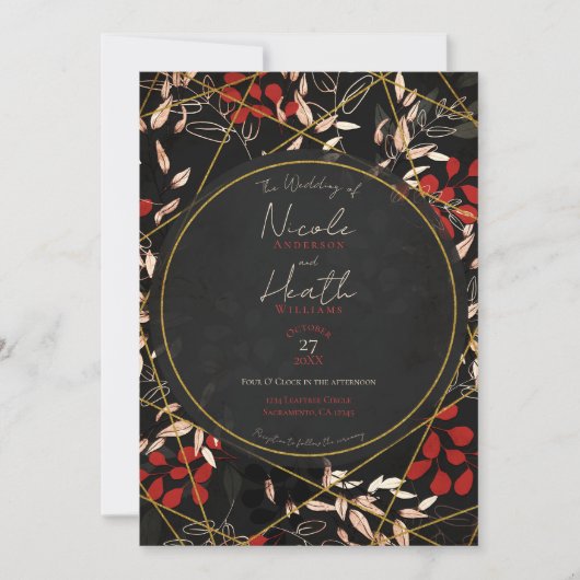 Invitation Bold Dark Floral Rouge Noir Gris Or Mariage (Devant)