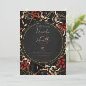 Invitation Bold Dark Floral Rouge Noir Gris Or Mariage (Debout devant)