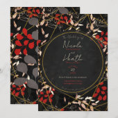 Invitation Bold Dark Floral Rouge Noir Gris Or Mariage (Devant / Derrière)
