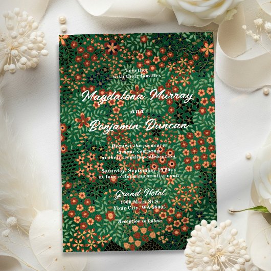 Invitation Bold Dark Green Red Floral Earthy Textile Wedding