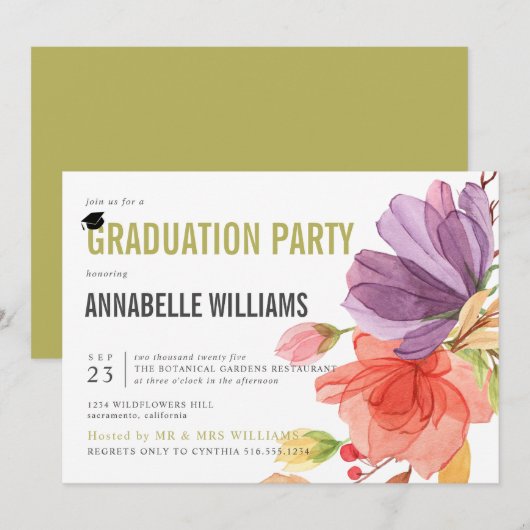 Invitation Bold Fleur sauvage Aquarelle Green Graduation Part (Devant / Derrière)