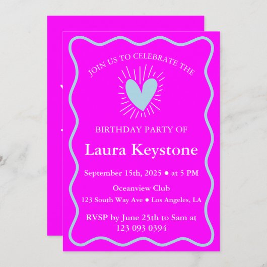 Invitation Bold Fuchsia & Light Blue Anniversaire (Devant / Derrière)