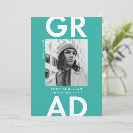 Invitation Bold Grad Turquoise Photo Party Graduation (Debout devant)