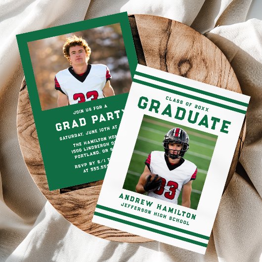 Invitation Bold Green Stripes Athletic Photo Graduation Party