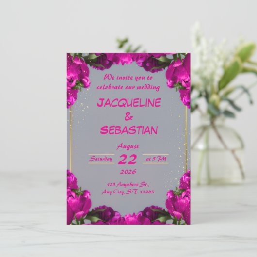 Invitation Bold Magenta Floral Wedding (Debout devant)