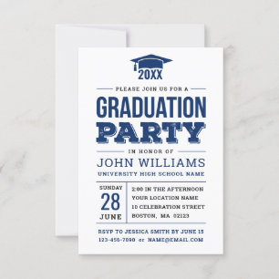 Invitation Bold Navy Blue and White Photo Graduation Party