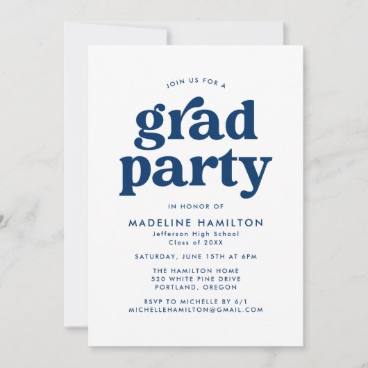 Invitation Bold Navy Blue Typography Graduation Party (Devant)