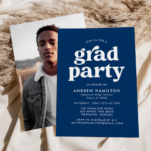 Invitation Bold Navy Blue Typography Photo Graduation Party