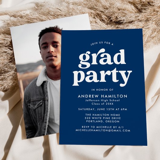Invitation Bold Navy Blue Typography Photo Graduation Party