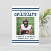 Invitation Bold Navy Stripes Athletic Photo Graduation Party (Debout devant)