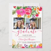 Invitation Bold Pink Orange Boho Floral 2-Photo Graduation (Devant)