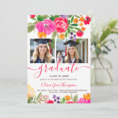 Invitation Bold Pink Orange Boho Floral 2-Photo Graduation (Debout devant)