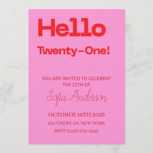 Invitation Bold Pink Red 21st Birthday Invite (Devant)