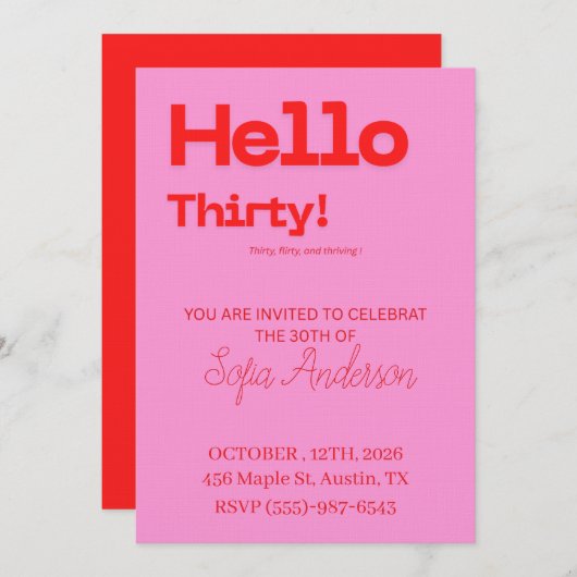 Invitation Bold Pink Red 30th Birthday Invite (Devant / Derrière)