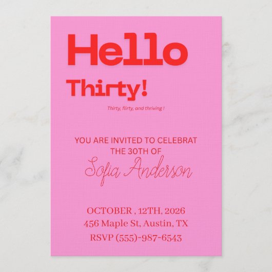 Invitation Bold Pink Red 30th Birthday Invite (Devant)