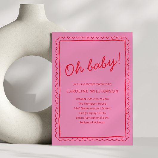 Invitation Bold Pink Red Modern Whimsical Border Baby Shower
