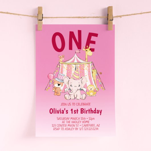 Invitation Bold Red Pink Circus 1er anniversaire