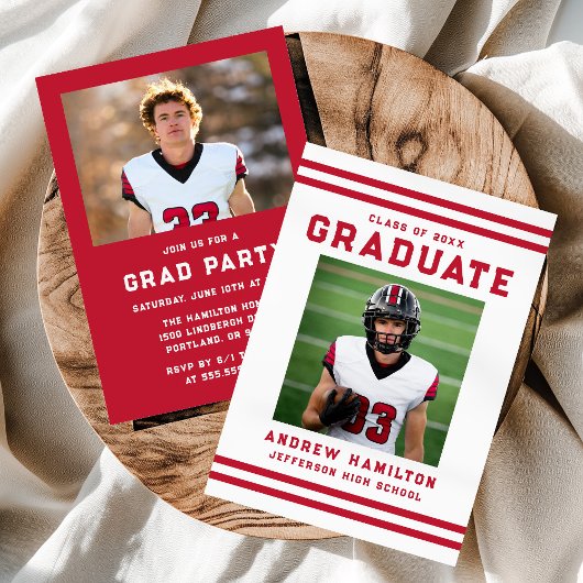Invitation Bold Red Stripes Athletic Photo Graduation Party