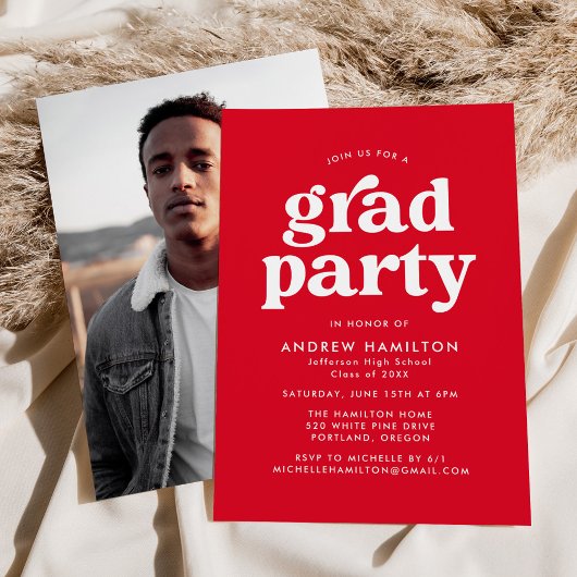 Invitation Bold Red Typography Photo Graduation Party