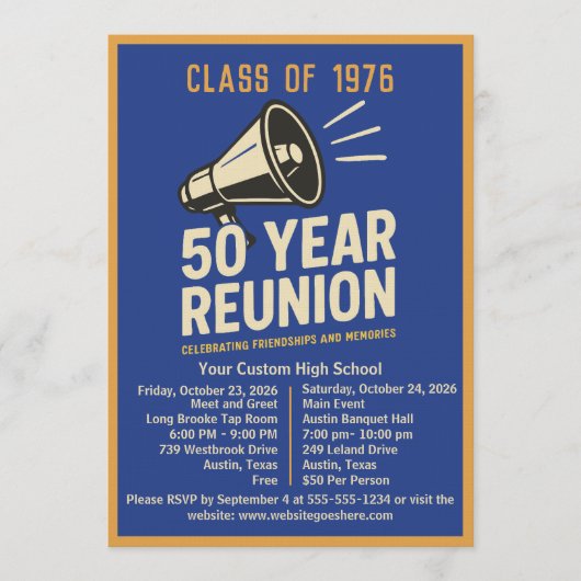 Invitation Bold Retro Megaphone 50 Year High School Reunion (Devant)