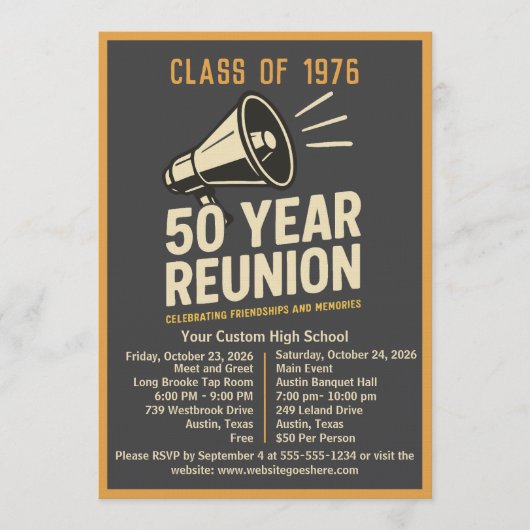 Invitation Bold Retro Megaphone 50 Year High School Reunion (Devant)