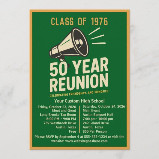Invitation Bold Retro Megaphone 50 Year High School Reunion (Devant)
