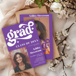 Invitation Bold Retro Purple Super 2 photos Graduation Party