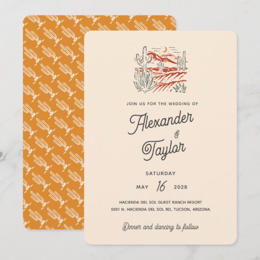 Invitation Bold Retro Saguaro Cactus Mariage paysage du déser (Devant / Derrière)