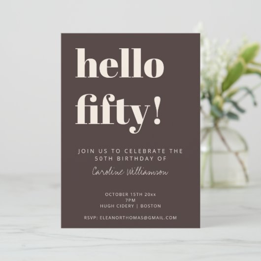 Invitation Bold Typography Brown Modern 50th Birthday Party (Debout devant)