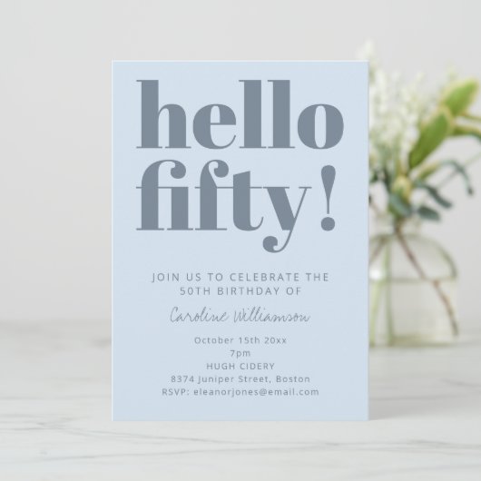Invitation Bold Typography Icy Blue Modern 50th Birthday (Debout devant)
